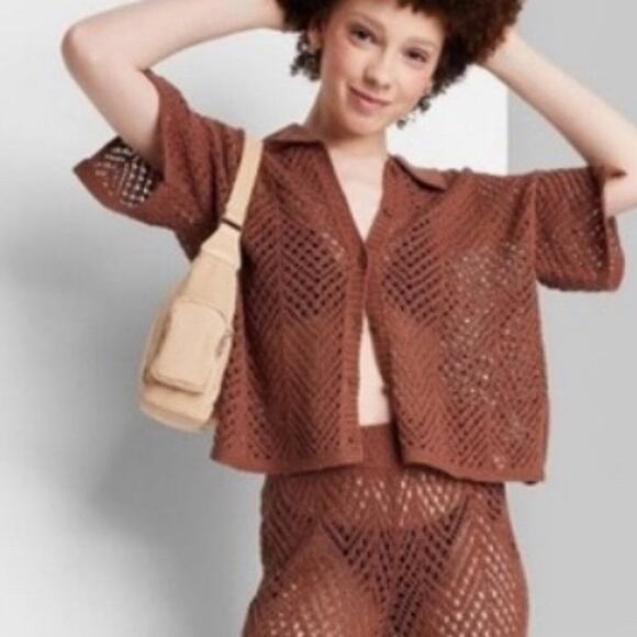 Wild Fable Dark Brown Shine Open Knit Top Size XL - Picture 3 of 8